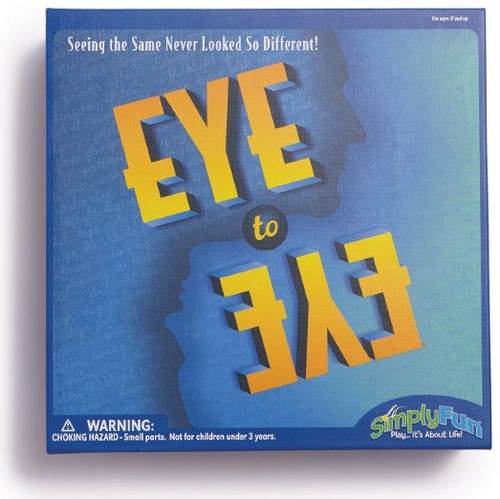 Blue Eye to Eye SimplyFun game box with mirrored yellow title