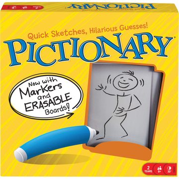 Mattel Pictionary DKD47 yellow box front with blue marker, erasable board and sketched figure