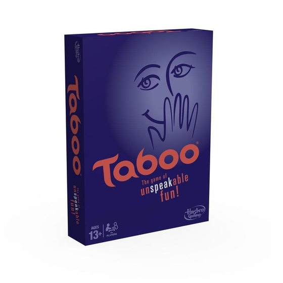 Taboo game box with purple cover and orange title, Hasbro Games edition